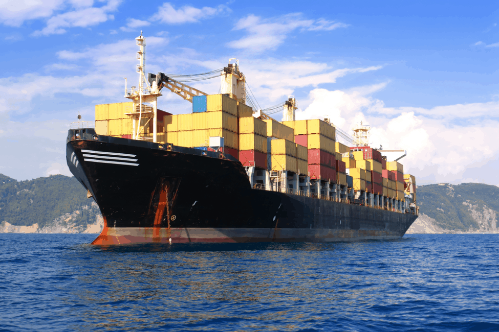 Container Ship at Dock Truck on Road