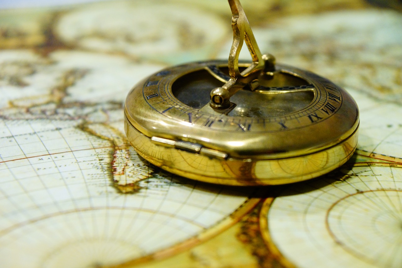 A compass lying on a historical map.