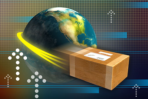 An image representation of fast global shipping, symbolised by a package rapidly orbiting the Earth with digital graphics indicating speed and connectivity.