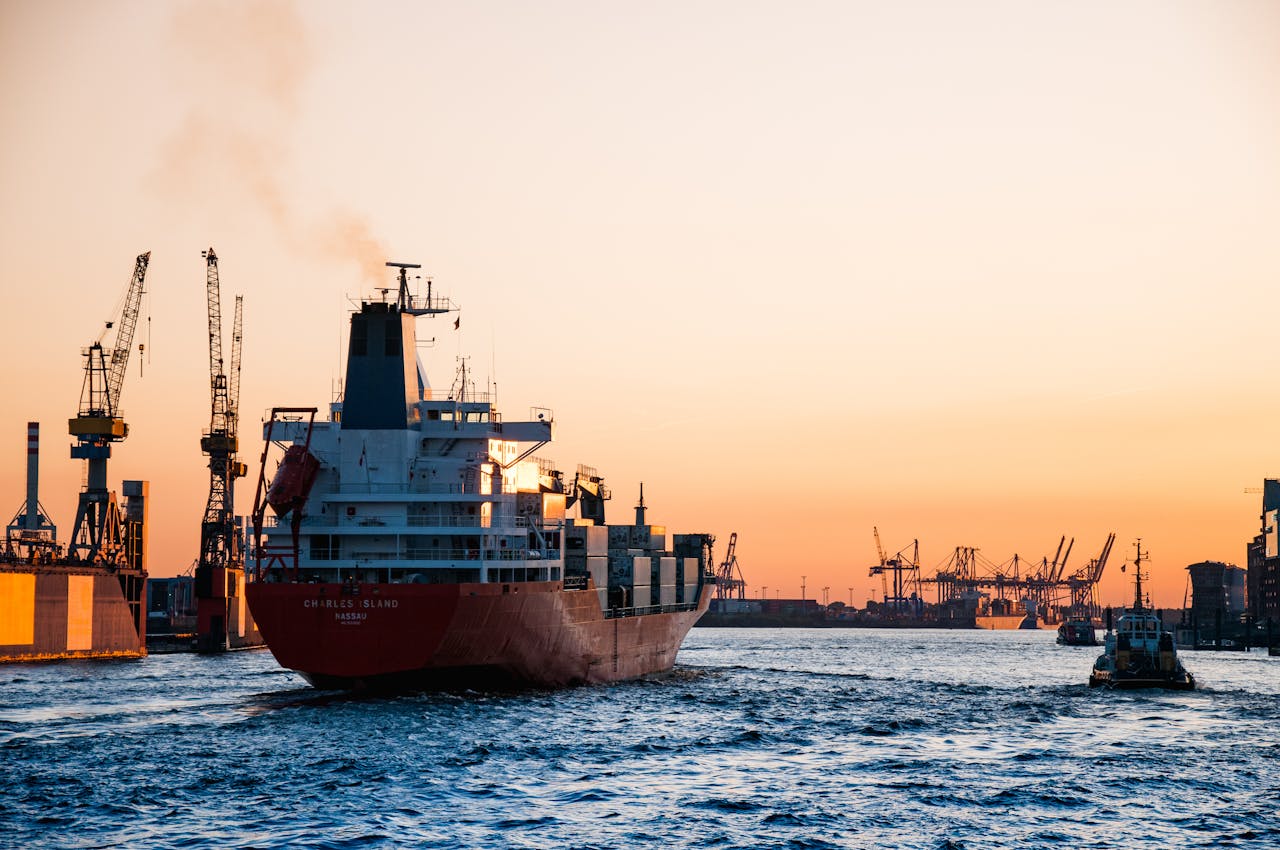 A photo of a cargo ship in the sea.