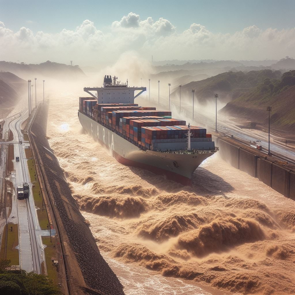 Panama Canal with rushing water and container ship.
