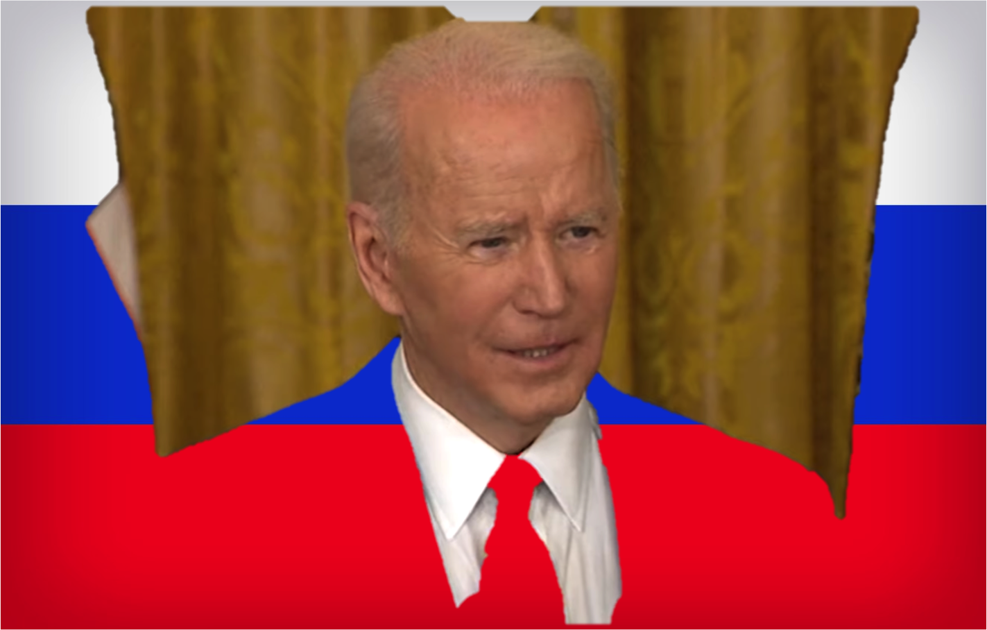 President Biden on backdrop of Russian flag.