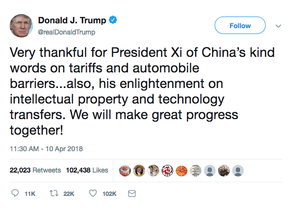 Trump Tweets about President Xi