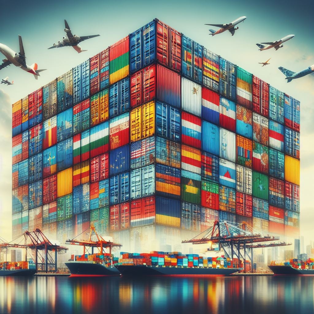 AI generated image with cargo ships, planes, and a box of variously flagged shipping containers titled "thoughts on international shipping"