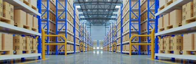 An image of a warehouse with boxes on blue shelves.